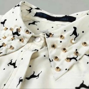 Studded Collar Dogs Print Blouse